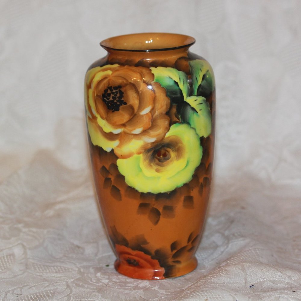 Vintage Hand Painted Vase Porcelain Flowers Browns Pretty Colors Japan 7.75"
